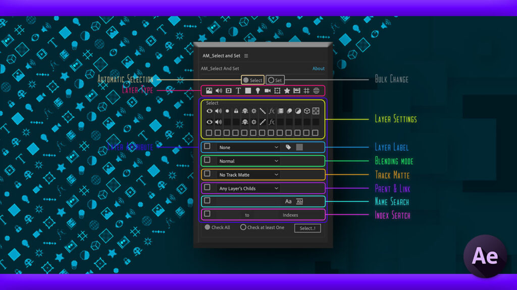 Adobe CC After Effects Free Script AM Select And Set 機能 使い方 無料 スクリプト おすすめ 解説 機能 レイヤー 設定 一括変更