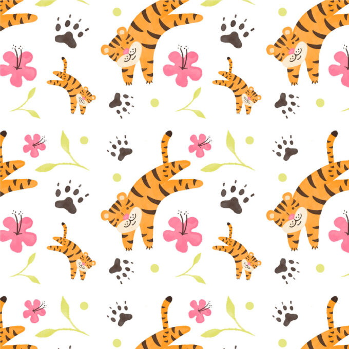 Adobe CC Photoshop pattern フォトショップ パターン テクスチャ 寅 虎 無料 素材 年賀状 正月 トラ Cute Tiger Pattern With Flower And Leaves Free Vector