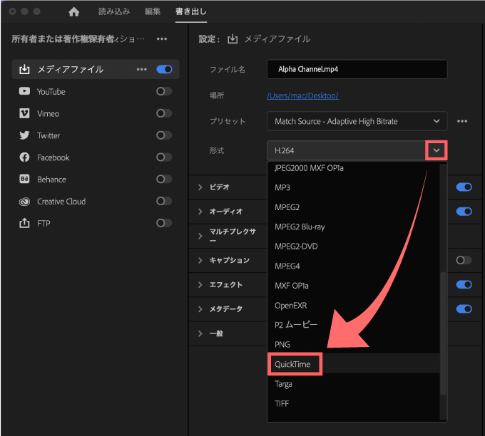 Adobe Premiere Pro Alpha Channel Export アルファチャンネル付き 書き出す 方法 背景 透明 形式 QuickTime