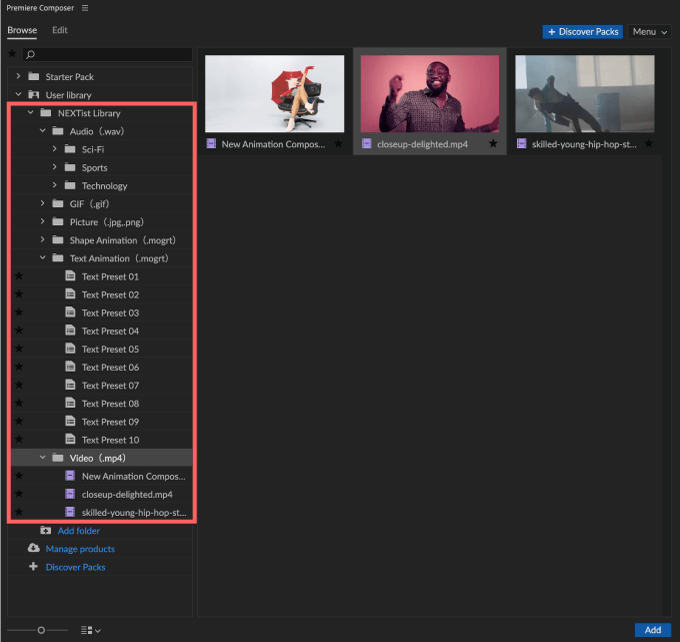 Adobe Premiere Pro Composer 無料 エクステンション User Library フォルダ 管理 方法 使い方 Add folder インポート オーディオ フォルダ 整理 管理