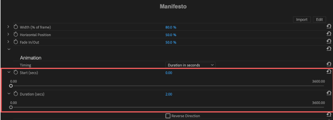 Adobe Premiere Pro After Effects Final Cut Pro X Free Plugin 無料 プラグイン FxFactory FXファクトリー Manifesto 機能 使い方 Animation Timing Duration in second s設定