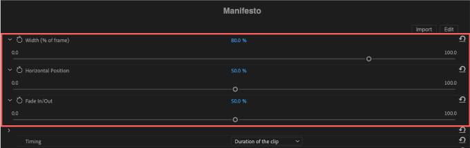 Adobe Premiere Pro After Effects Final Cut Pro X Free Plugin 無料 プラグイン FxFactory FXファクトリー Manifesto 機能 使い方 TEXT Width Horizontal position Fade In/Out