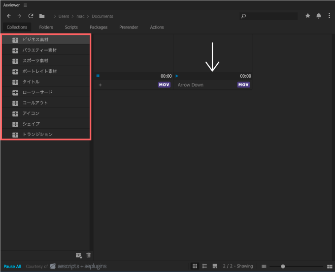 Adobe Premiere Pro After Effects Free Plugin 無料 プラグイン AEViewer 使い方 機能 方法 フォルダ 管理 Collections フォルダ