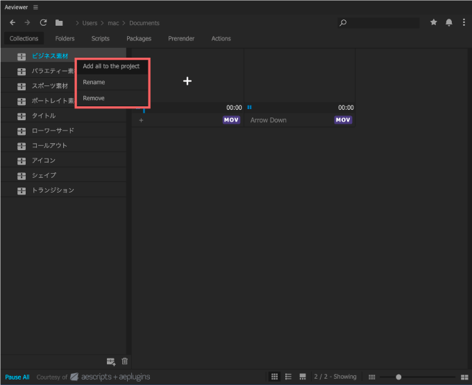 Adobe Premiere Pro After Effects Free Plugin 無料 プラグイン AEViewer 使い方 機能 方法 管理 Collections フォルダ 削除