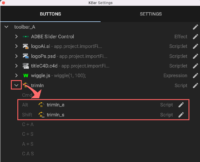 Adobe After Effects Free Script Plugin Trim Pack 無料 スクリプト プラグイン KBar  ボタン 設定 方法 Shift alt