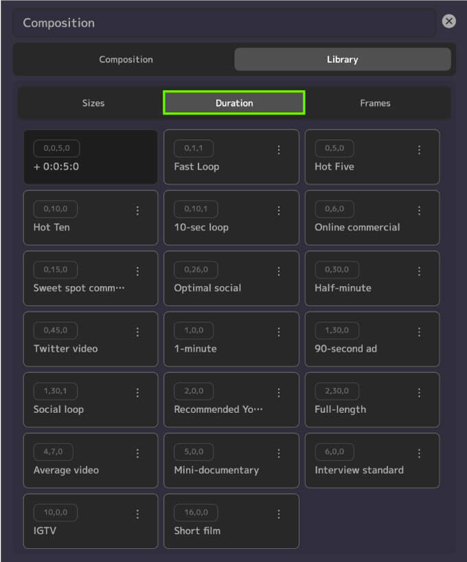 Adobe After Effects Motion4 Composition Library  durations プリセット
