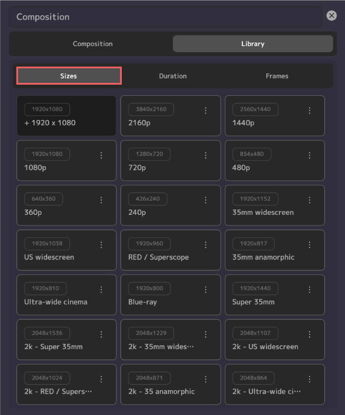 Adobe After Effects Motion4 Composition Library Sizes プリセット