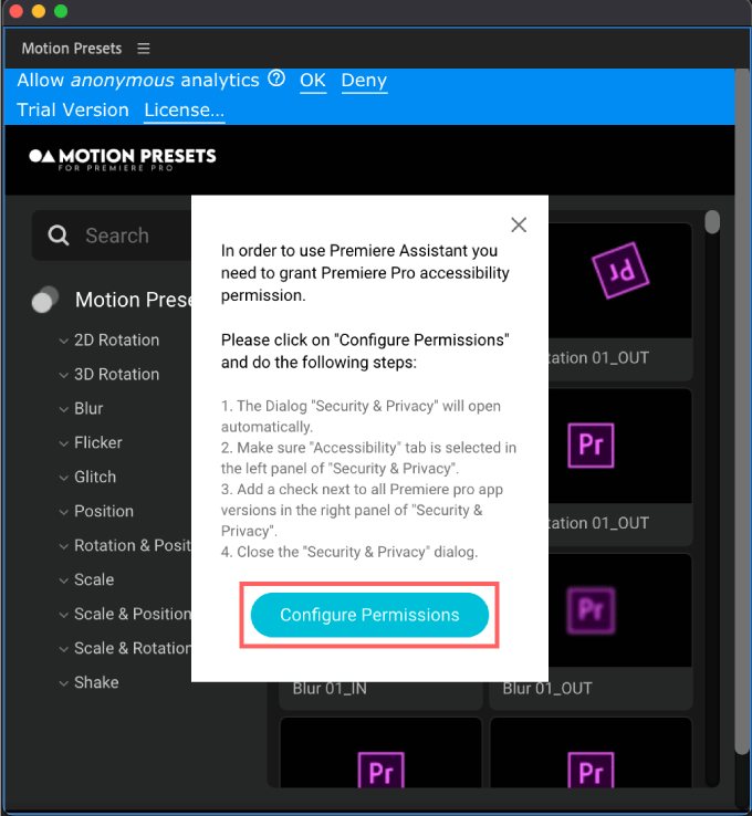 After Effects 便利 おすすめ Motion Presets for Premiere Pro アクティベート アカウント認証 方法 Configure Permissions 