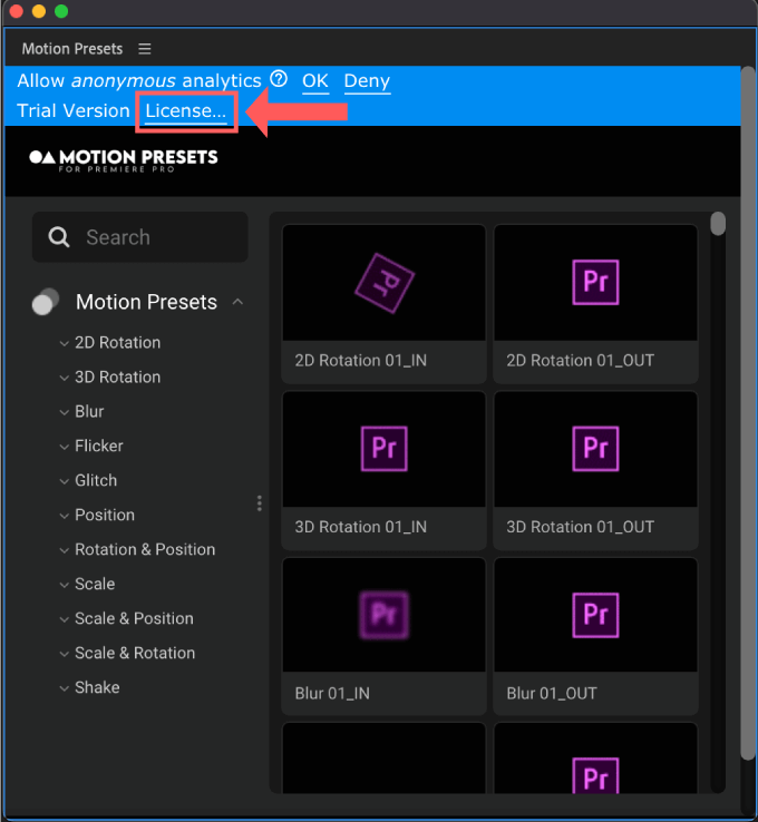 Premiere Pro 便利 おすすめ Motion Presets for Premiere Pro アクティベート アカウント認証 方法 ライセンス