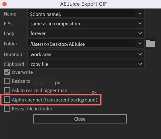 AEJuice Export GIF Setting Alpha channel（transparent background）