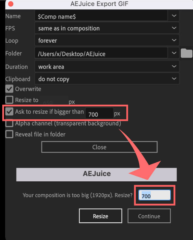 AE Juice Export GIF Setting Resize to ON