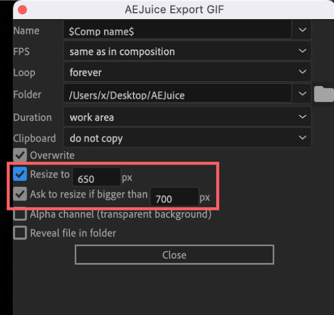 AE Juice Export GIF Setting Resize to Ask to resize if bigger than