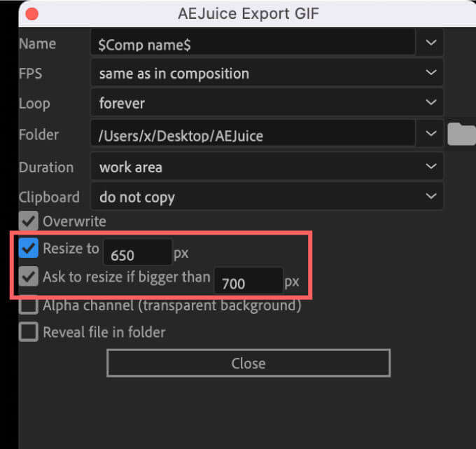 AEJuice Export GIF Setting Resize to Ask to resize if bigger than