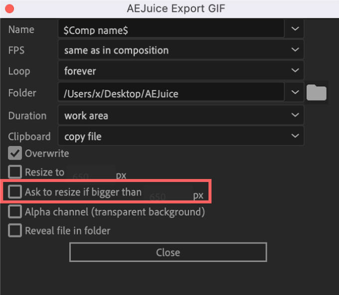 AE Juice Export GIF Setting Ask to resize if bigger than