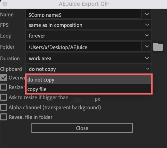 AEJuice Export GIF Setting Clipboard