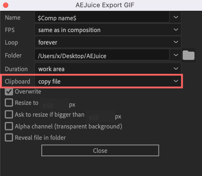 AE Juice Export GIF Setting Clipboard