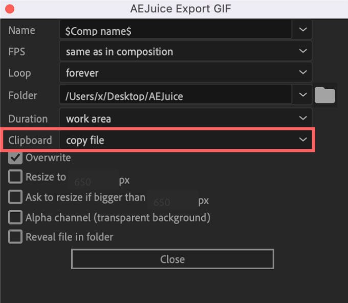 AEJuice Export GIF Setting Clipboard