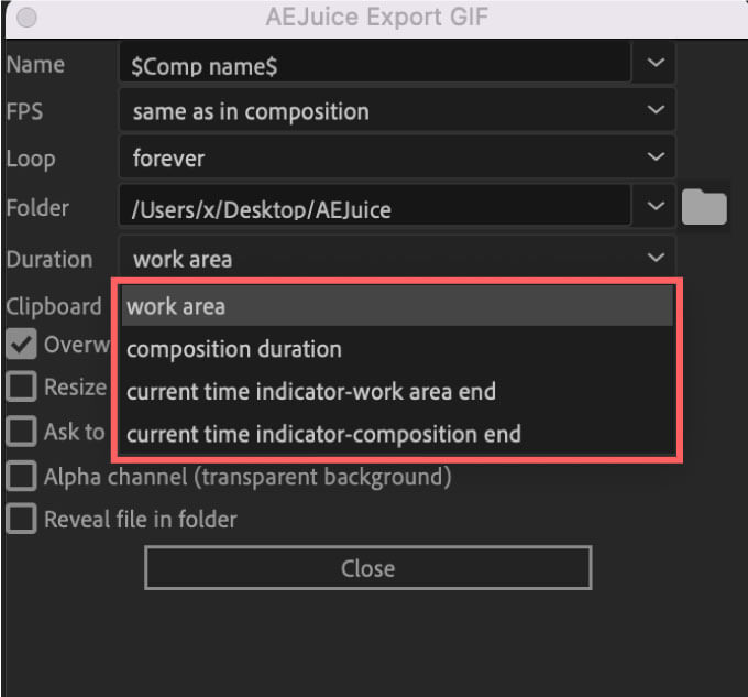 AEJuice Export GIF Setting Duration 設定項目