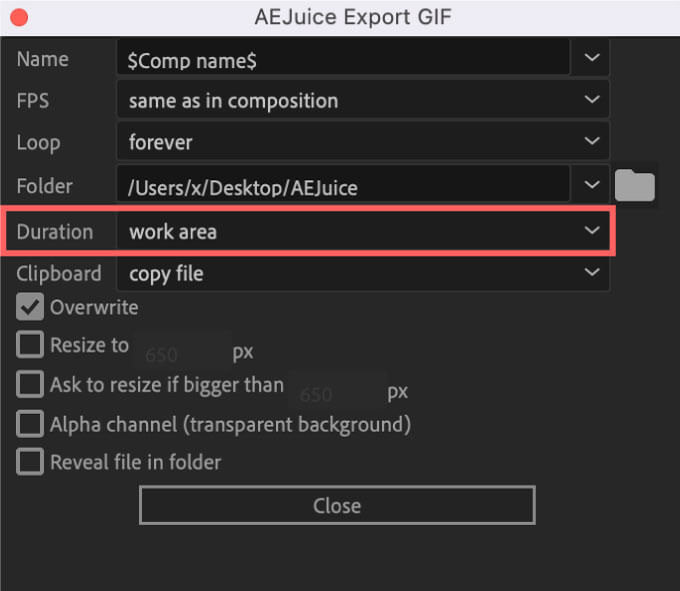 AEJuice Export GIF Setting Duration