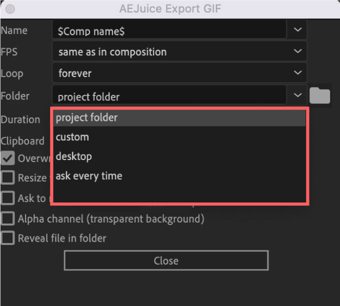 AE Juice Export GIF Setting folder 設定項目