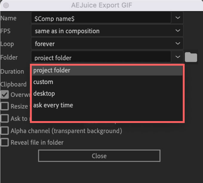 AEJuice Export GIF Setting folder 設定項目