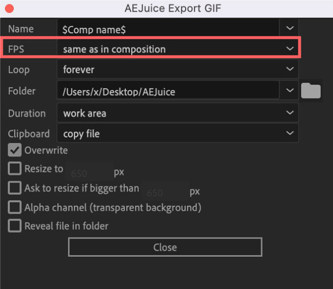 AEJuice Export GIF Setting FPS