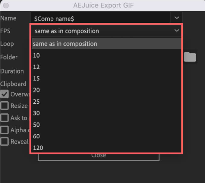 AE Juice Export GIF Setting FPS フレームレート fps 設定