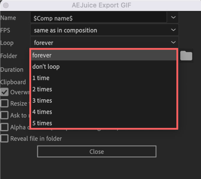 AE Juice Export GIF Setting Loop number of times