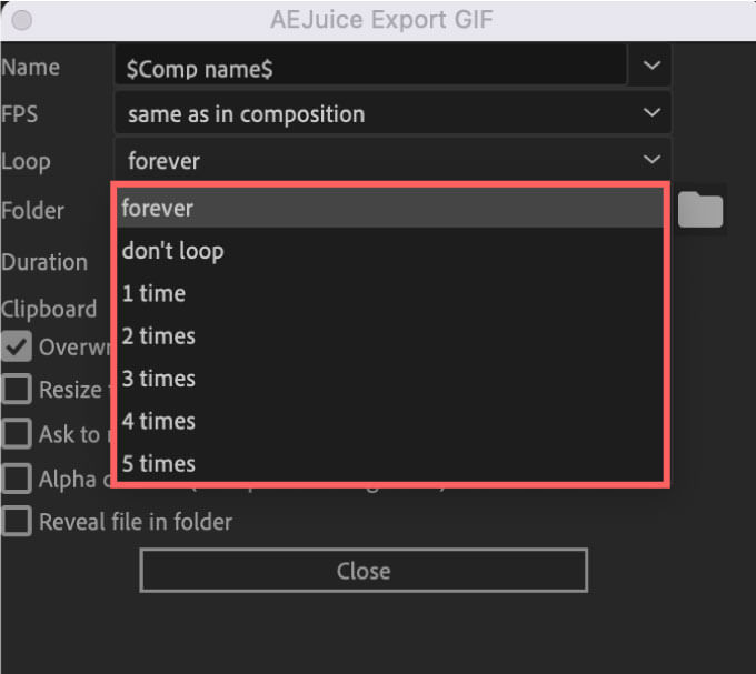 AEJuice Export GIF Setting Loop number of times