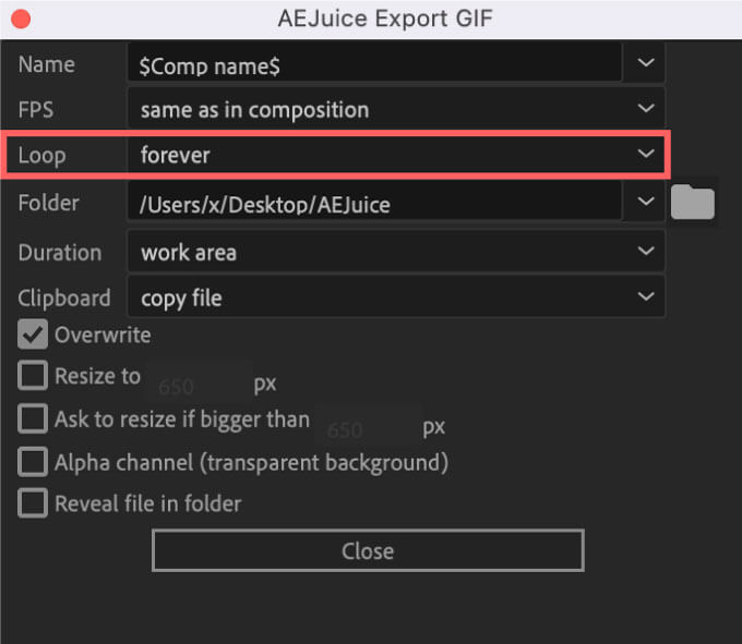 AEJuice Export GIF Setting Loop