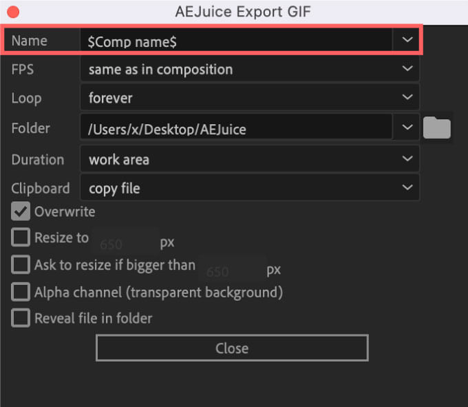 AEJuice Export GIF Setting Name