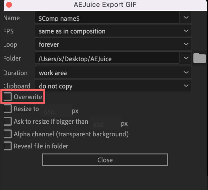 AEJuice Export GIF Setting Overwrite off