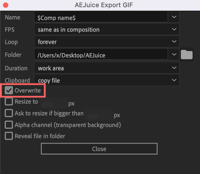 AEJuice Export GIF Setting Overwrite