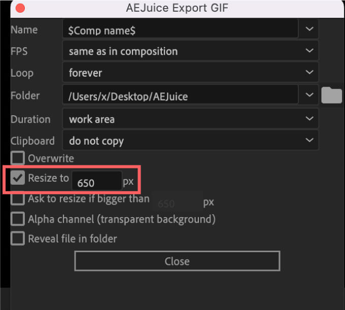 AEJuice Export GIF Setting Resize to ON