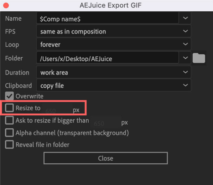 AEJuice Export GIF Setting Resize to