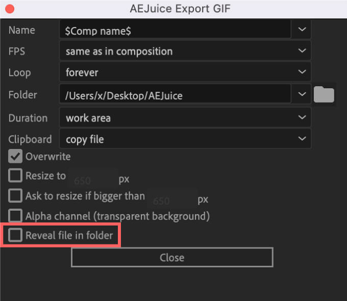 AE Juice Export GIF Setting Reveal file in folder