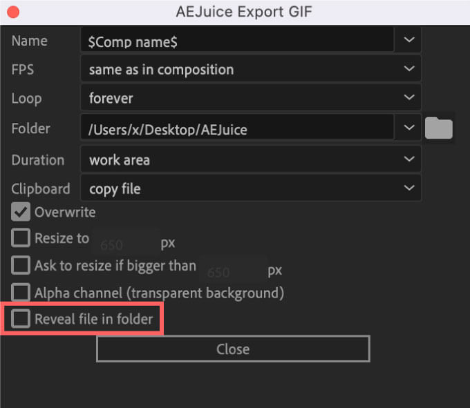 AEJuice Export GIF Setting Reveal file in folder