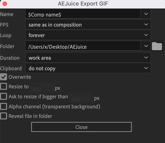 AEJuice Export GIF 設定 機能