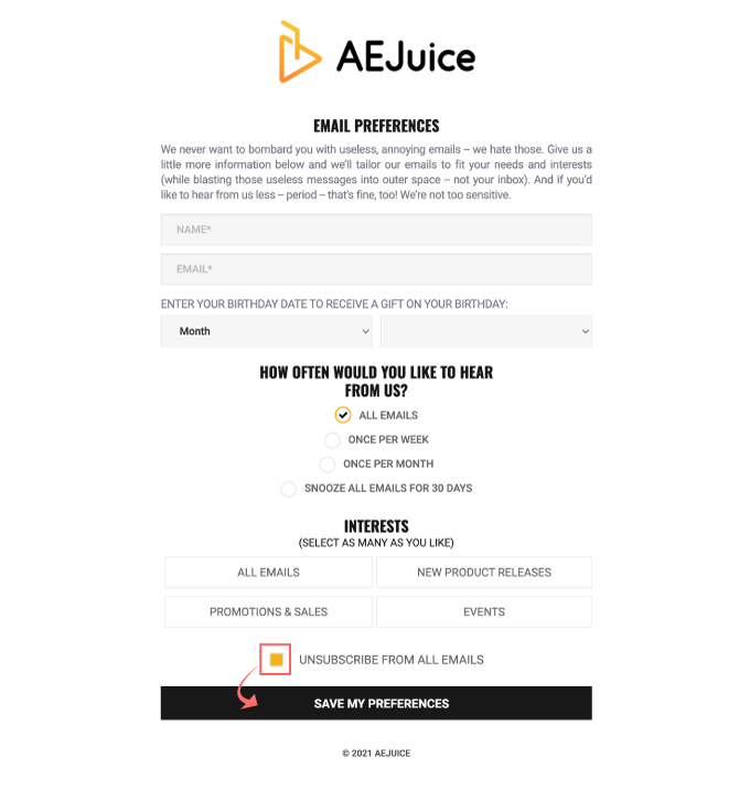 AE Juice セール バーゲン 情報 ニュースレター メール 登録 解除 方法