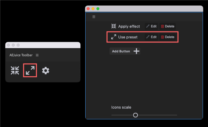 AEJuice ToolBar 無料 エクステンション ボタン 設定 Use preset Presets ffx
