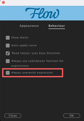 After Effects Flow 使い方 Preferences Behaviour Always overwrite expressions