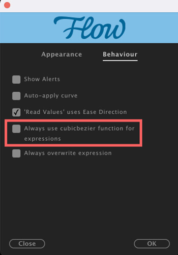 After Effects Flow 使い方 Preferences Behaviour Always use cubicbezier function for expressions