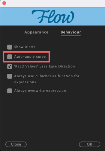 After Effects Flow 使い方 Preferences Behaviour Auto-apply curve