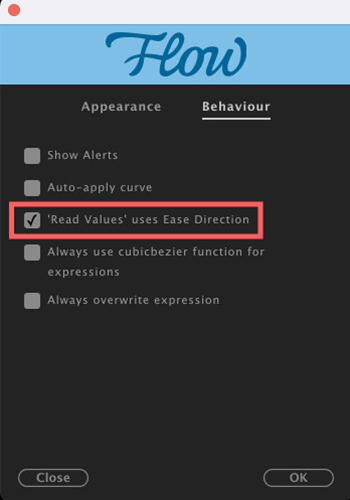 After Effects Flow 使い方 Preferences Behaviour 'Read Values' used Ease Direction