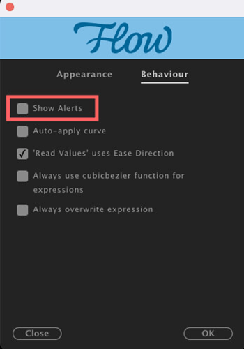 After Effects Flow 使い方 Preferences Behaviour Show Alerts
