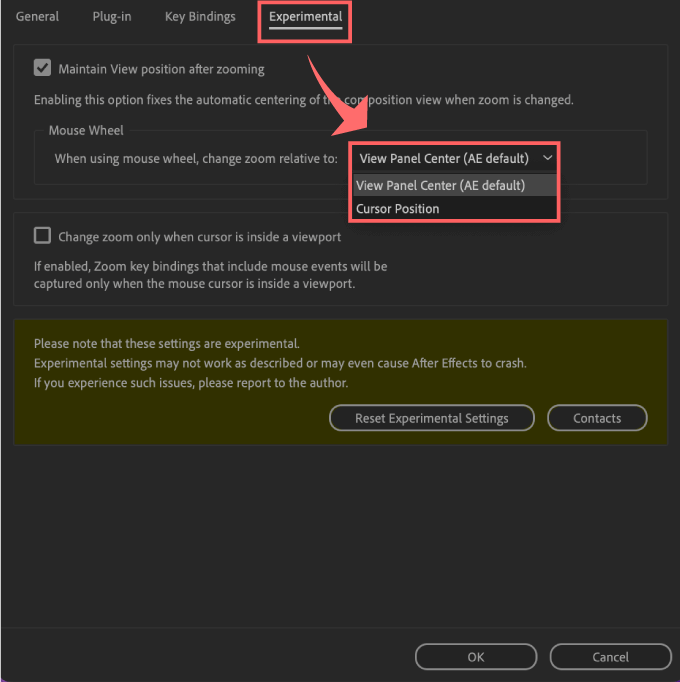 After Effects 無料 スクリプト Zoom ショートカット 変更 設定 Maintain View Position After Zooming