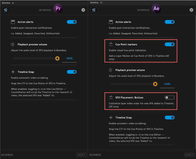 Boombox 設定 Interface After Effects Premiere Pro 違い